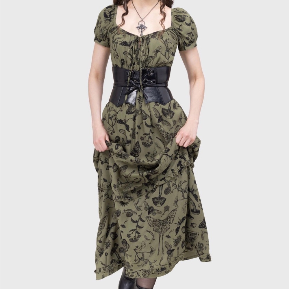 Killstar Olive Green Maxi Dress with Black Botanical Print - Picture 4 of 4